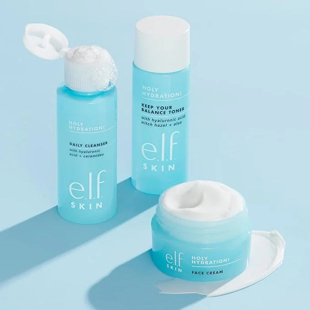 e.l.f. Skin Holy Hydration! The Essentials Mini Kit, Cleanser, Toner & Moisturizer for Hydrated & Balanced Skin, TSA-Frien...