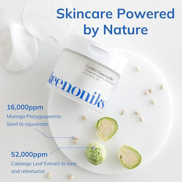 Dual Texture Cleansing Pads with Facial Essence 70ea Large Value Pack- Cabbage & Moringa Wipes for Quick Cleansing, Makeup...