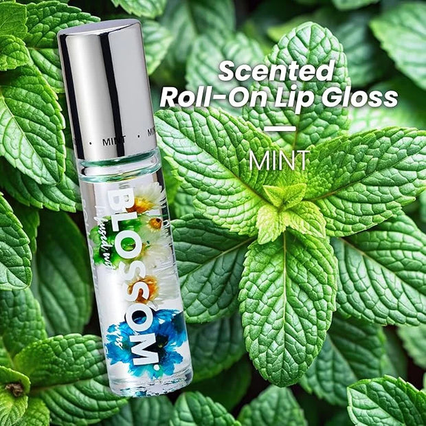 Blossom Roll on Lip Gloss, Scented Clear High Shine Moisturizing Lip Oil, Non Sticky, Infused with Real Flowers, Made in U...