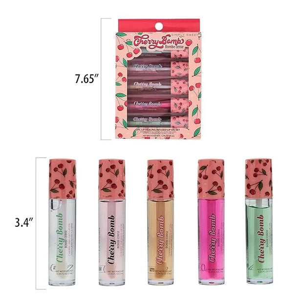 5pc Lip Oil Set - Cherry Bomb Lip Oils, Lip Healing Cherry Infused Lip Oil Collection with Precision Applicator Wand Every...