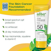 Alba Botanica Sunscreen for Face, Fragrance-Free Sheer Mineral Face Sunscreen Lotion, Broad Spectrum SPF 50, Water Resista...