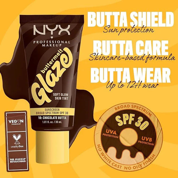 NYX PROFESSIONAL MAKEUP Buttermelt Glaze Soft Glow Skin Tint + SPF 30, Up To 12HR Wear, 10 Chocolate Butta - Product Image