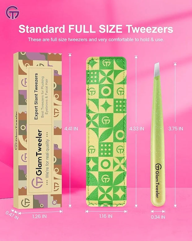 Expert Eyebrow Hair Removal Tweezer with Leather Case, GlamTweeler High Precision Slant Tip Stainless Steel Tweezers for M...