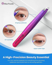 Expert Slant Tip Tweezers with Leather Travel Case, GlamTweeler Sharp & Precision Stainless Steel Tweezer for Eyebrows, Fa...