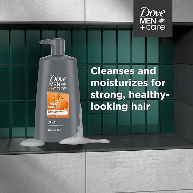 DOVE MEN+ CARE 2-in-1 Shampoo + Conditioner Thick + Strong 4 count for Fortifying Hair from Root to Tip, with Calcium, 25....