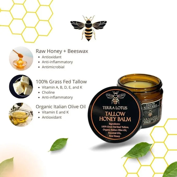 Organic Grass-Fed Beef Tallow Balm with Raw Honey - Moisturizing Cream for Soft, Smooth Skin - Handmade All-Natural Moistu...