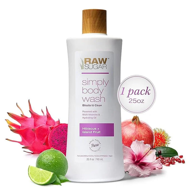 RAW SUGAR Simply Body Wash - Hibiscus + Island Fruit (25 Fl Oz, Pack of 1) Moisturizing & Soothing Bath & Shower Gel, Form...