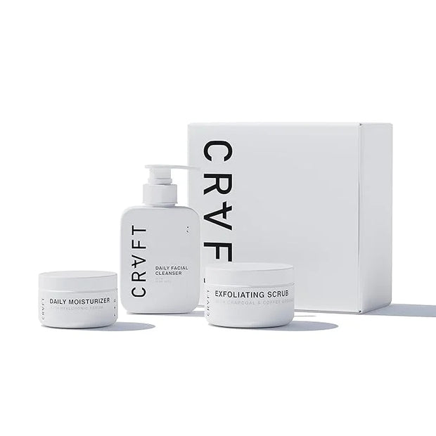 CRVFT Men’s Facial Care Kit | Aloe Vera Face Wash 3oz | Hyaluronic Moisturizer 1oz | Charcoal Exfoliating Scrub 1.7oz | 3 ...