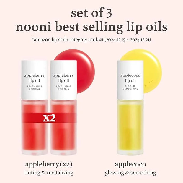 NOONI Korean Hydrating Lip Oil Gift Set - Appleseed Lip Oil Trio, Tinted Lip Care, Hydrating, Lip Plumping, Long Lasting M...
