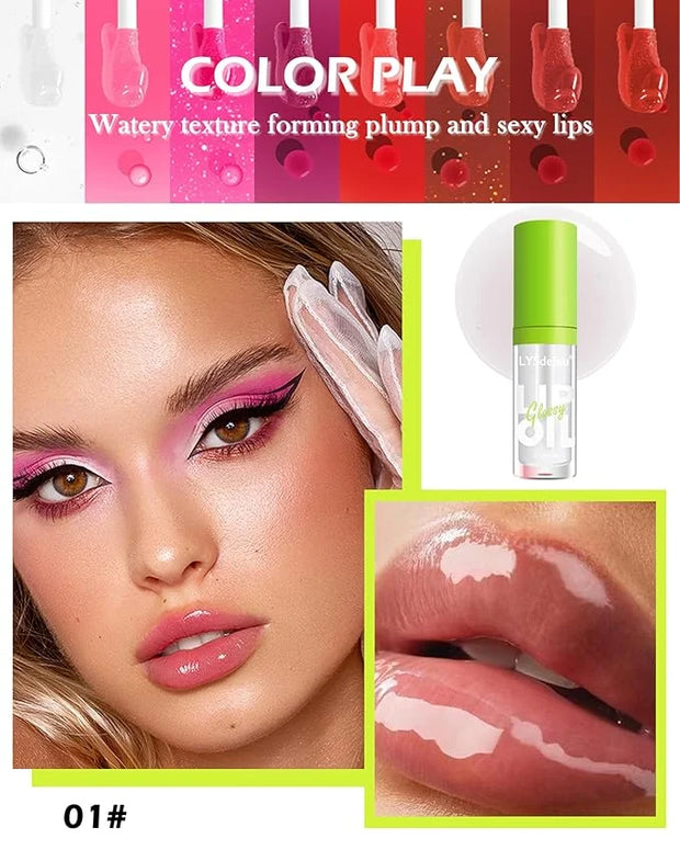 Hydrating Lip Glow Oil-1Pcs Tinted Plumping Lip Oil Gloss,Fat Oil Lip Gloss,Big Brush Head lip glaze,Clear Lip Gloss Plump...