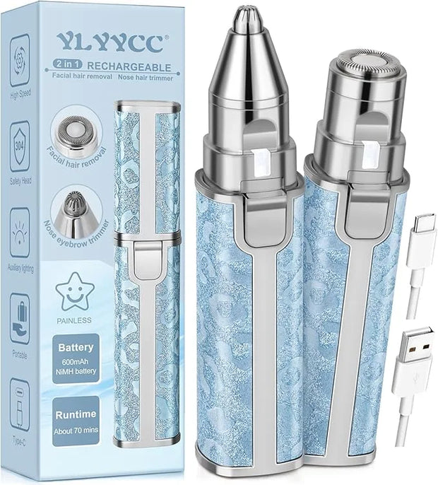 Facial Hair Remover for Face Lip, Electric 2 in 1 Face Shaver and Eyebrow Trimmer, Rechargeable Blue Nose Hair Trimmer for...
