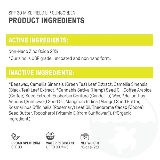 Raw Elements Mike Field Lip Sunscreen - SPF 30, UVA-UVB Protection, Reef-Safe, Non-Nano Zinc, Water Resistant, 0.15 oz (2 ...