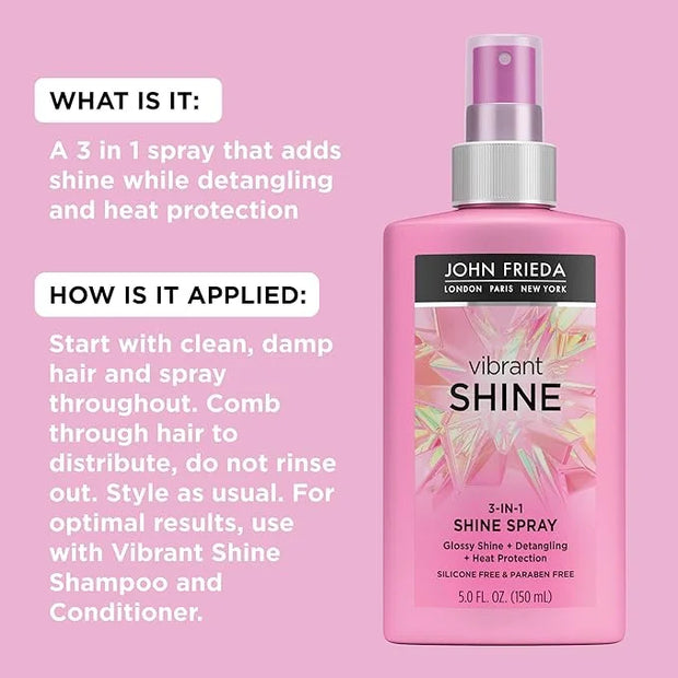 John Frieda Vibrant Shine 3 in 1 Spray, Detangles Hair, and Heat Protects, Infused with Rosehip Oil to Boost Shine for Rad...