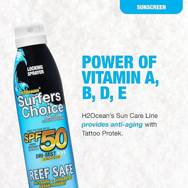 H2Ocean Surfers Choice SPF 50 Spray - Quick-Drying Sunscreen Spray for Tattoo Aftercare & UV Protection - Reef-Safe Sun Pr...