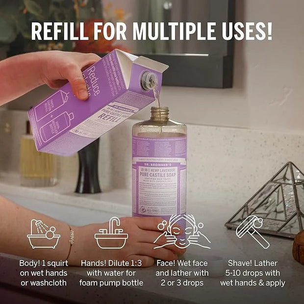 Dr. Bronner's Pure-Castile Liquid Soap Bottle & Refill Carton - Made with Regenerative Organic Certified Oils, 82% Less Pl...