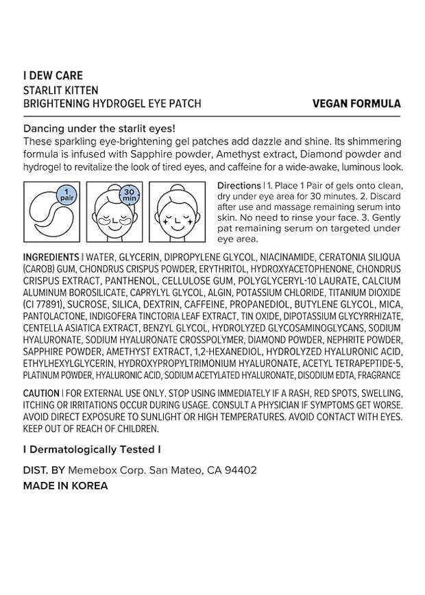 I DEW CARE Hydrogel Eye Patch - Starlit Kitten | Korean Under Eye Patches for dark circles and puffy eyes, Smooths Puffy E...