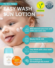 Baby Easy Wash Sun Lotion SPF 30 - Korean Moisturizing Zinc Oxide Mineral Sunscreen for Babies and Kids - Washes Off Easil...