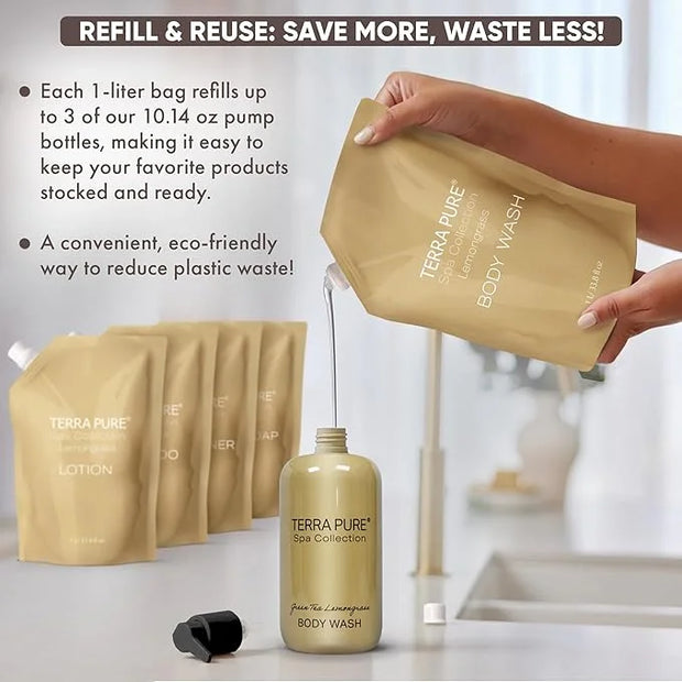 Terra Pure Spa Collection 1 Liter Body Wash Refill Bag For Soap Dispensers | Bulk Toiletries for Vacation Rentals, and Hom...