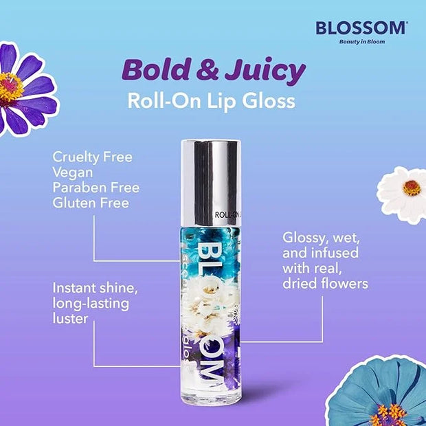 Blossom Roll on Lip Gloss, Scented Clear High Shine Moisturizing Lip Oil, Non Sticky, Infused with Real Flowers, Made in U...