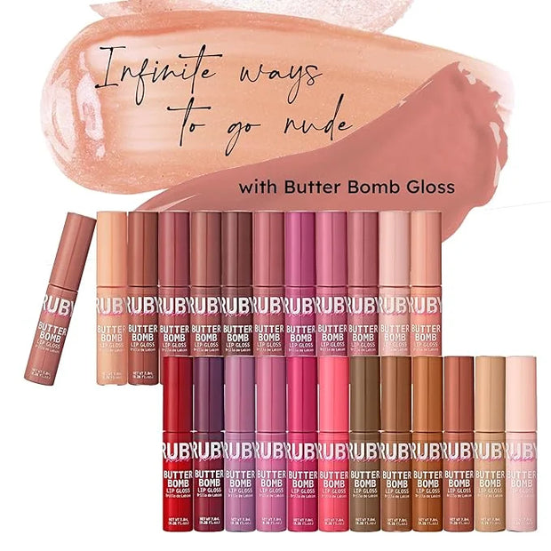 Ruby Kisses Lip Gloss Butter Bomb Gloss Non-Sticky Lip Gloss Vitamin E Natural Nude Lip Makeup -7.8mL (0.26 US fl.oz) (Nud...