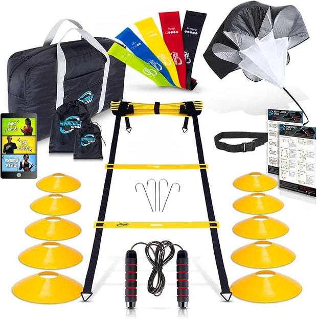 Invincible Fitness Agility Ladder Set - Enhance Speed 10 Cones, 4 Hooks, 3 Resistance (15ft) - Product Image