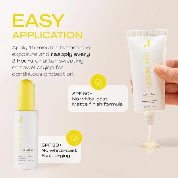 JESS BEAUTY | Sun Safe Face Sunscreen Skin Care Set SPF 50+ 1.7 fl. oz Sun Drops SPF 30+ 1 fl. oz Skincare Sunscreen for Face