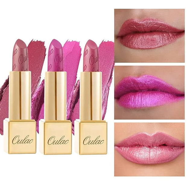 Oulac Metallic Pink Lipstick Set 3PCS High Impact Lipcolor with Moisturizing Formula, Vegan Beauty, Full-Coverage Lip Colo...