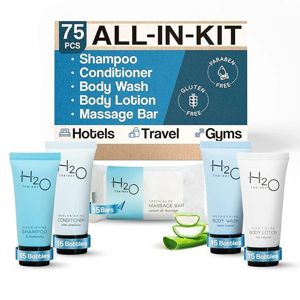 H2O Therapy Hotel Soaps & Toiletries Bulk Set | 1-Shoppe Amenities Kit | 0.85oz Shampoo & Conditioner, Body Wash, Lotion, ...