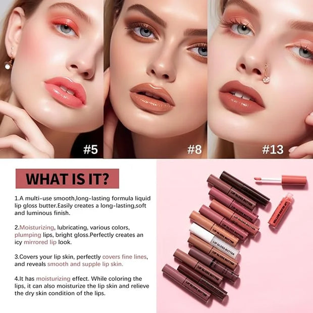 Butter Gloss Lip Gloss Set,Moisturizing Nourishing Hydrating Lip Glaze,Glass Lip Lipstick,Non-Sticky Lip Gloss,Lip Plumpin...