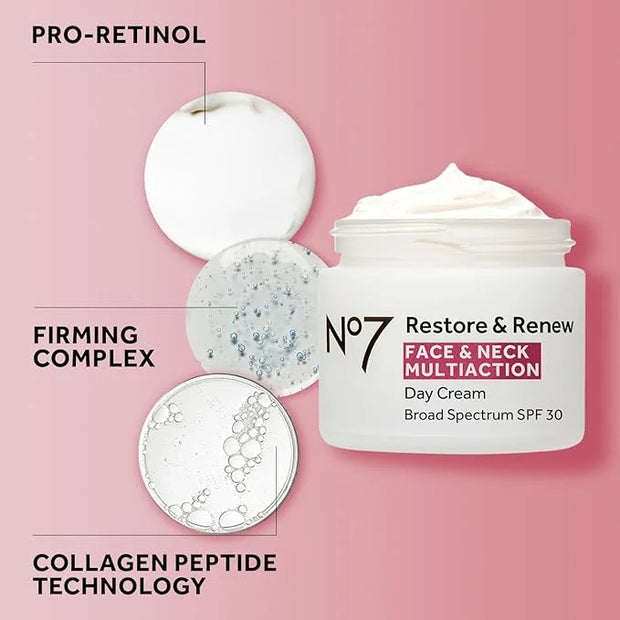 No7 Restore & Renew Multi Action Face & Neck SPF 30 Day Cream - Firming & Hydrating Face Moisturizer with Hyaluronic Acid ...