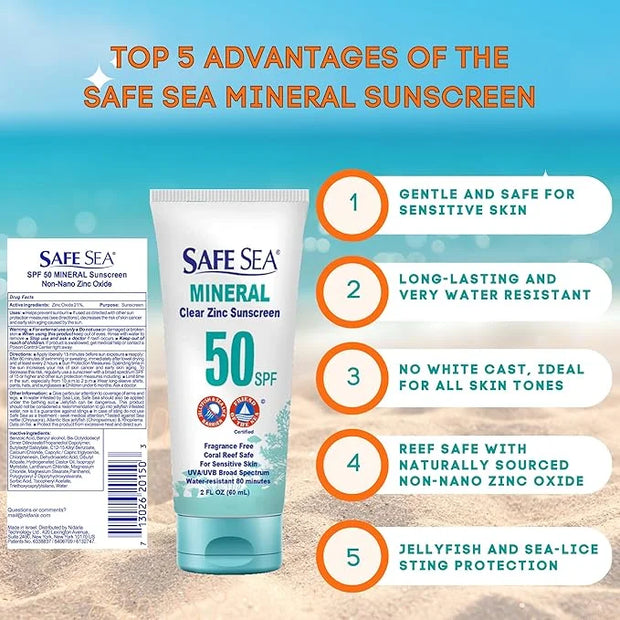 Safe Sea Zinc Oxide Sunscreen SPF50 | Clear Mineral Face Sunscreen Without White Cast | Anti-Jellyfish Sting Protective Lo...