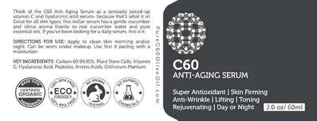 C60 Anti-Aging Face Serum 60ml with Hyaluronic Acid, Plant Stem Cells, Peptides, Vitamins B + C & Anti Aging Wrinkle Compl...