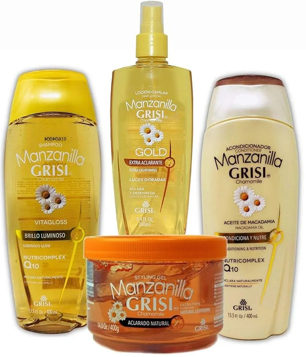 Manzanilla Grisi Premium Bathroom Bundle - Styling Gel, Gold Lightener and Detangler, and a Chamomile Conditioner + Shampo...