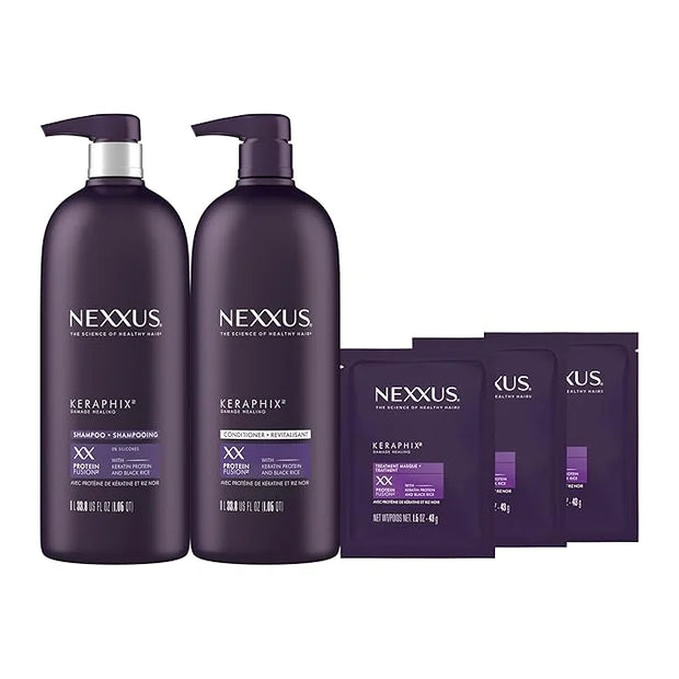 Nexxus Keraphix Shampoo and Conditioner - Damaged Hair Treatment System with Keratin Protein and Black Rice, 2 Count & 3 R...