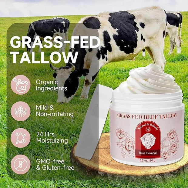 Beef Tallow for Skin, Whipped Beef Tallow For Skin, Tallow Face Moisturizer, Rose-Flavoured Whipped Tallow Face Cream Mois...