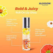 Blossom Roll on Lip Gloss, Scented Clear High Shine Moisturizing Lip Oil, Non Sticky, Infused with Real Flowers, Made in U...