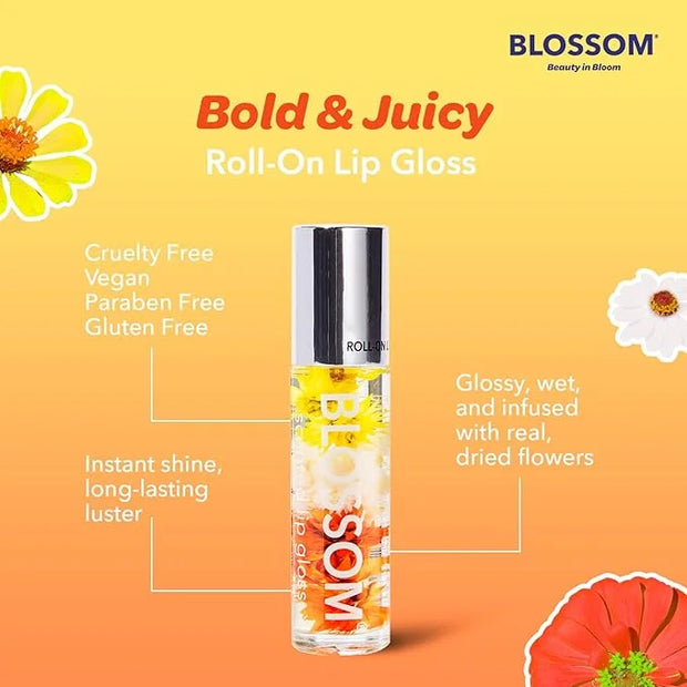 Blossom Roll on Lip Gloss, Scented Clear High Shine Moisturizing Lip Oil, Non Sticky, Infused with Real Flowers, Made in U...