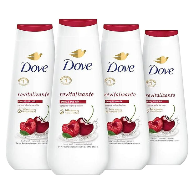 Dove Body Wash Revitalizante Cherry & Chia Milk 4 Count for Renewed, Healthy-Looking Skin Gentle Skin Cleanser with 24hr R...