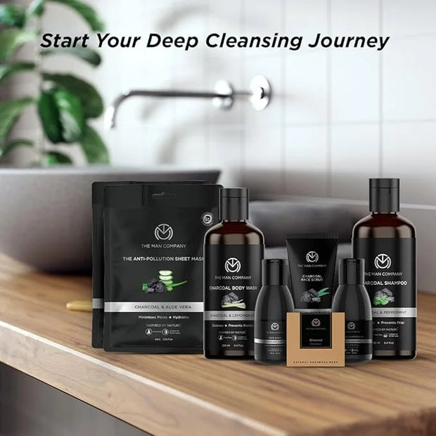 The Man Company Ultimate Charcoal Detan Kit with Elegant Gift Box | Charcoal Body wash, Shampoo, Face Scrub, Face wash, Ch...