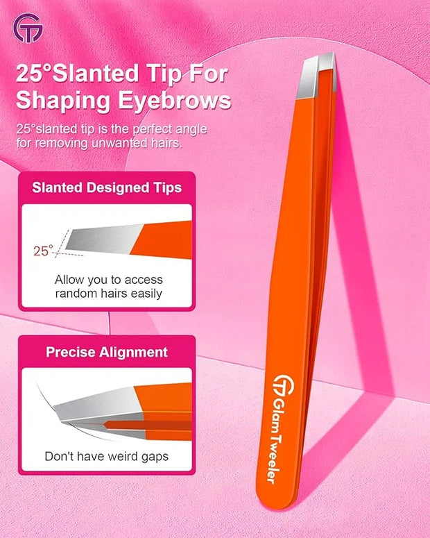 Expert Eyebrow Hair Removal Tweezer with Leather Case, GlamTweeler High Precision Slant Tip Stainless Steel Tweezers for M...