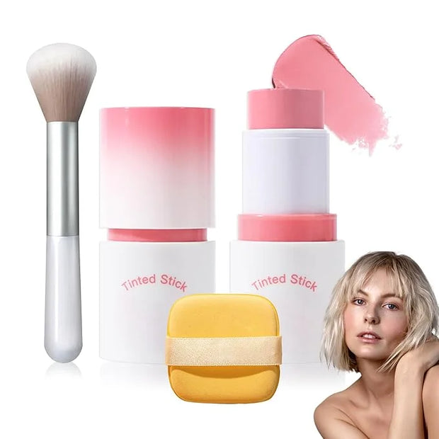 Cream Blush Stick with Brush and Makeup Sponge,Waterproof Multi Cream Makeup Stick,Lightweight,Long-lasting,2 in 1 Multi B...
