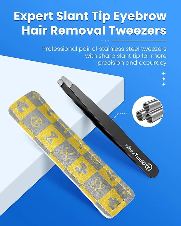 Expert Slant Tip Tweezers with Leather Case, GlamTweeler Sharp & Precision Stainless Steel Tweezer for Eyebrows, Facial Ha...