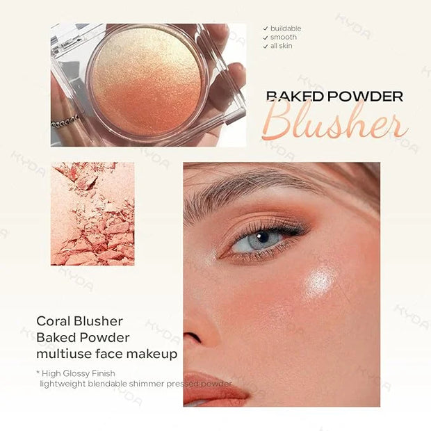 KYDA Baked Blush, Coral Glow Powder for Blush and Highlighter, High Glossy Finish, Lightweight Blendable Shimmer Blusher, ...