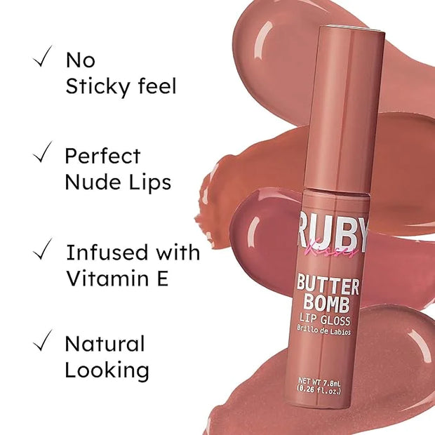 Ruby Kisses Lip Gloss Butter Bomb Gloss Non-Sticky Lip Gloss Vitamin E Natural Nude Lip Makeup -7.8mL (0.26 US fl.oz) (Nud...