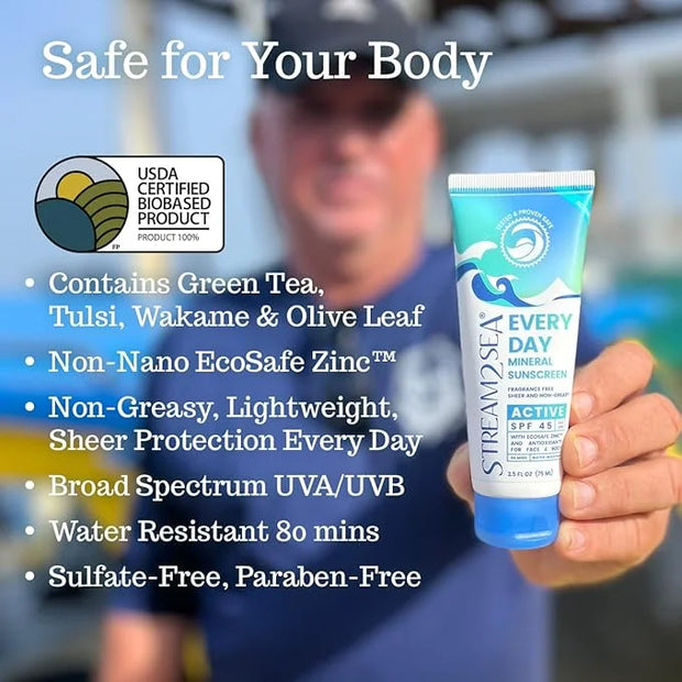 SPF 45 Every Day Active Mineral Sunscreen | 2.5 Fl Oz Biodegradable & Reef Safe Sunscreen for Face & Body | Non-Greasy, Li...