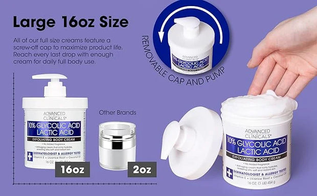 Advanced Clinicals 10% Glycolic Acid + Lactic Acid Lotion Exfoliant Moisturizing Cream With Hyaluronic Acid Moisturizer | ...