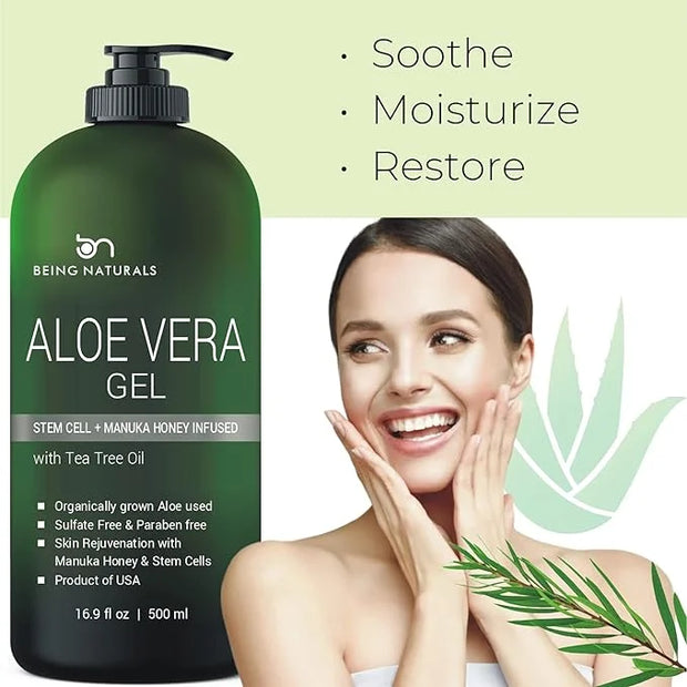 Aloe vera Gel - from 100% Pure Organic Aloe Infused with Manuka Honey, Stem Cell, Tea Tree Oil - Natural Raw Moisturizer f...