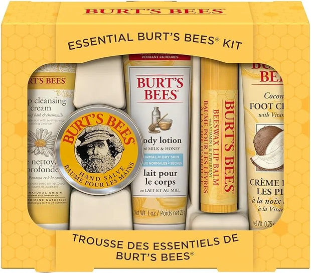 Burt's Bees Mothers Day Gifts Essential Beauty Set, 5 Travel Size - Deep Cleansing Cream, Hand Salve, Body Lotion, Foot Cr...