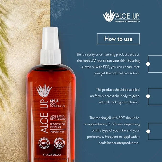 Aloe Up Light Tanning Oil With SPF 6 Sunscreen - Body and Face Tanning Oil for Outdoor Sun - With Pure Aloe Vera Oil and N...