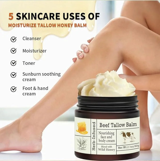 Beef Tallow For Skin – Natural Tallow and Honey Balm Face Moisturizer, Organic Grass-Fed Tallow, Deeply Nourishing Whipped...